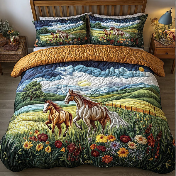 Pastoral Elegance quilted 3-piece bedding set on a made bed with two matching pillow shams