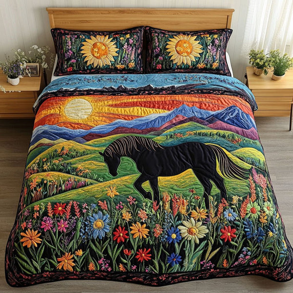 Pastoral Paradise quilted 3-piece bedding set on a made bed with two matching pillow shams