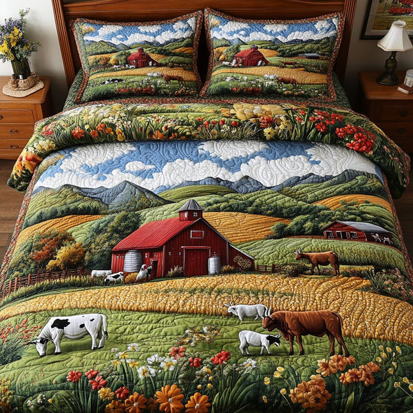 Pastoral Scene quilted 3-piece bedding set on a made bed with two matching pillow shams