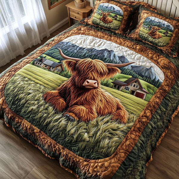Pastoral Serenity quilted 3-piece bedding set on a made bed with two matching pillow shams