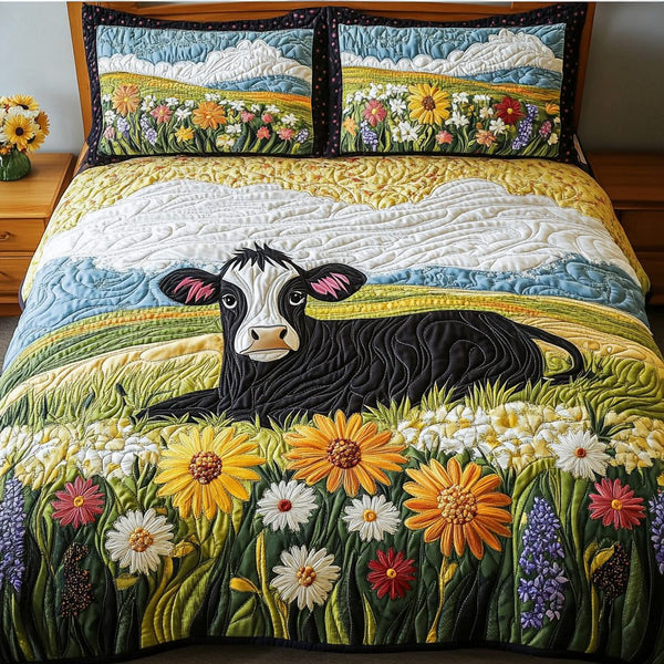 Pasture Dream quilted 3-piece bedding set on a made bed with two matching pillow shams