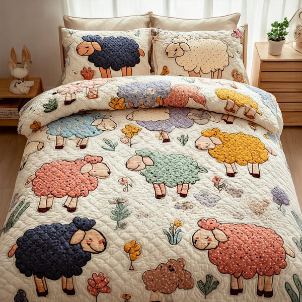 Pasture Dream quilted 3-piece bedding set on a made bed with two matching pillow shams