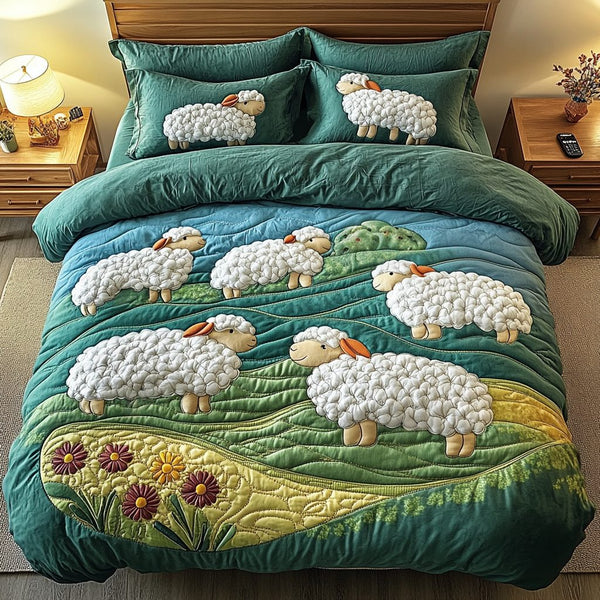 Pasture Dreams quilted 3-piece bedding set on a made bed with two matching pillow shams