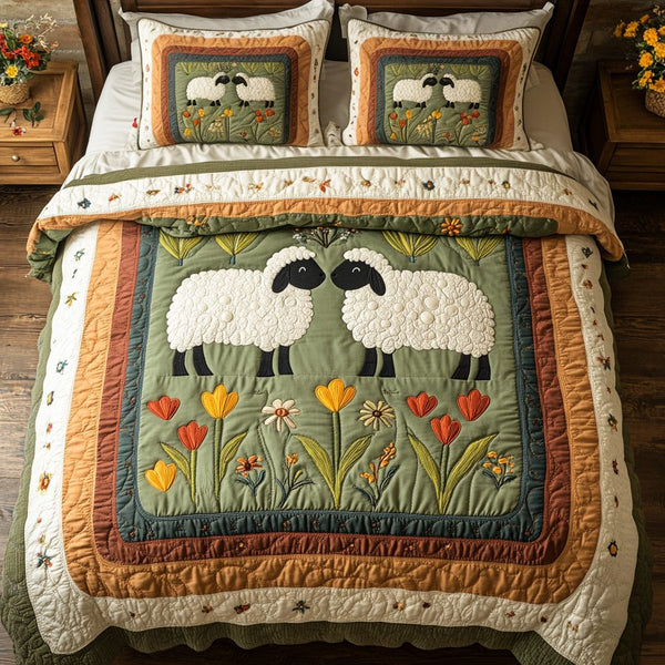 Pasture Dreams quilted 3-piece bedding set on a made bed with two matching pillow shams