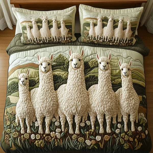 Pasture Dreams quilted 3-piece bedding set on a made bed with two matching pillow shams