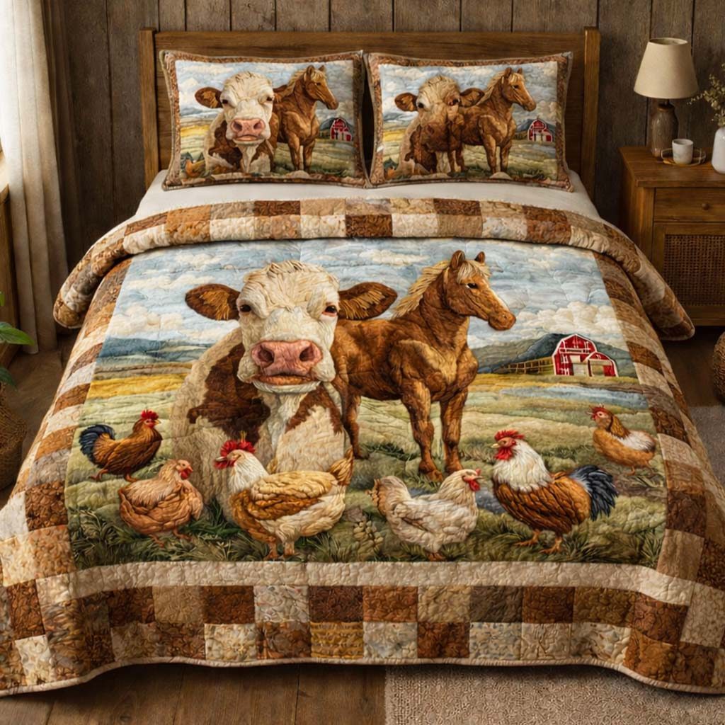 Pasture Morning Harmony quilted 3-piece bedding set on a made bed with two matching pillow shams