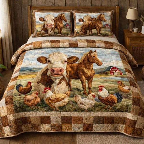 Pasture Morning Harmony quilted 3-piece bedding set on a made bed with two matching pillow shams
