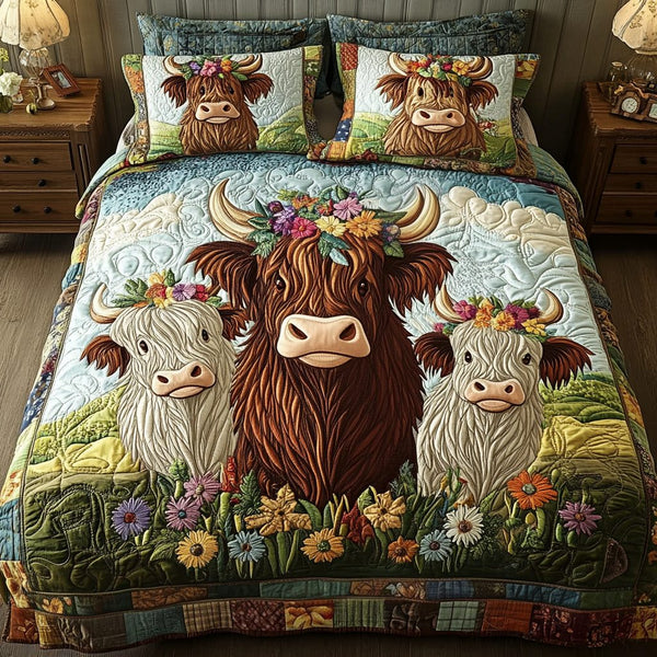 Pasture Posse quilted 3-piece bedding set on a made bed with two matching pillow shams