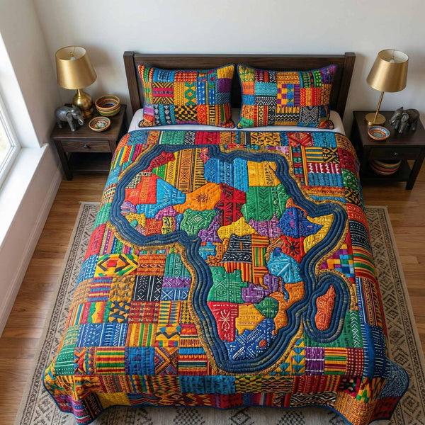Patch Africa quilted 3-piece bedding set on a made bed with two matching pillow shams