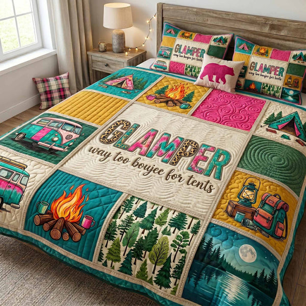 Patch Camper quilted 3-piece bedding set on a made bed with two matching pillow shams