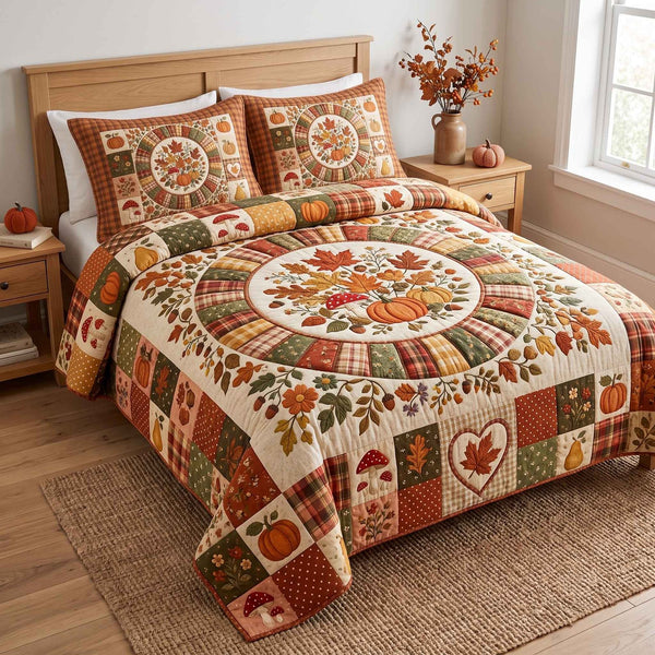 Patchwork Autumn Bliss quilted 3-piece bedding set on a made bed in a farmhouse bedroom