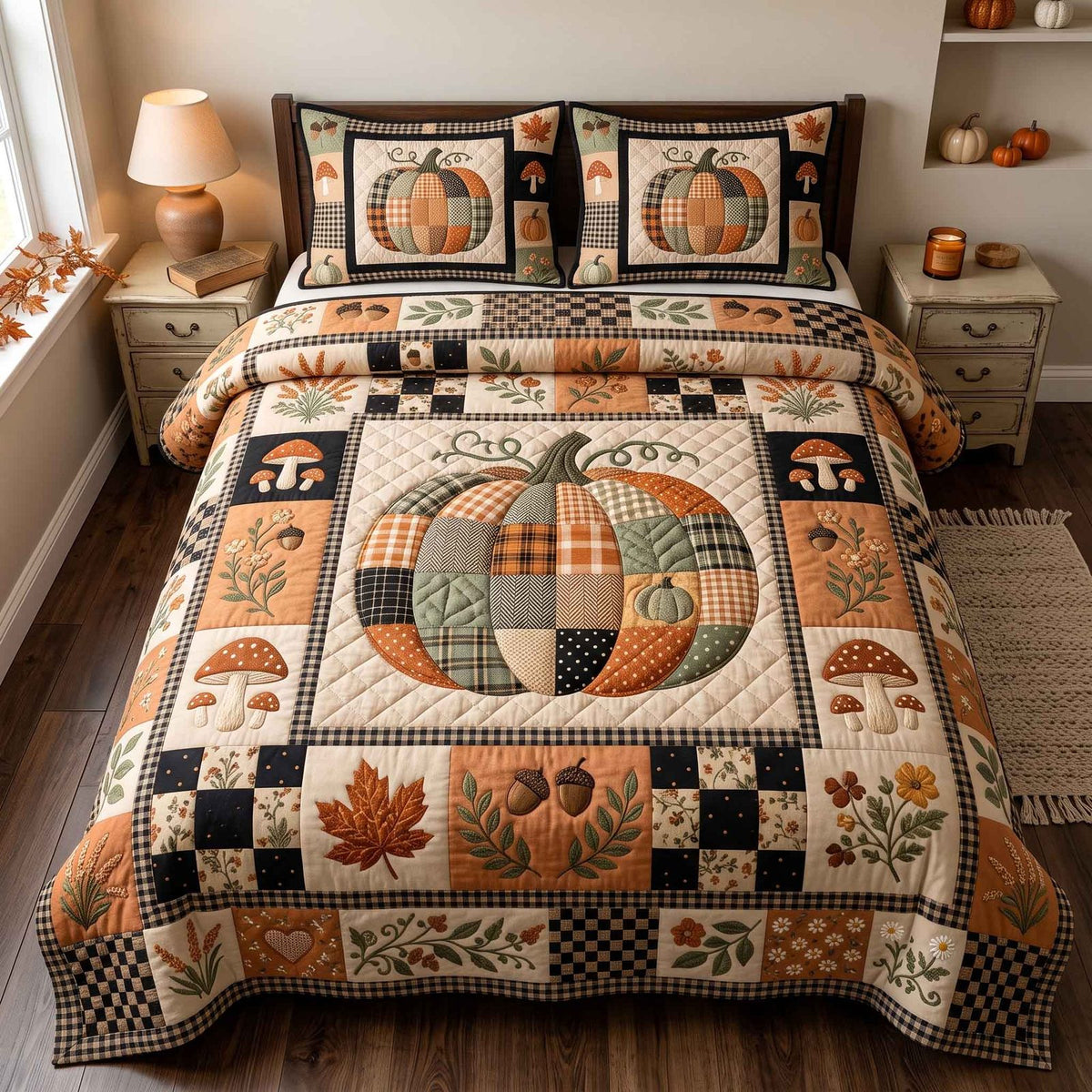 Patchwork Autumn Bliss quilted 3-piece bedding set on a made bed in a farmhouse bedroom