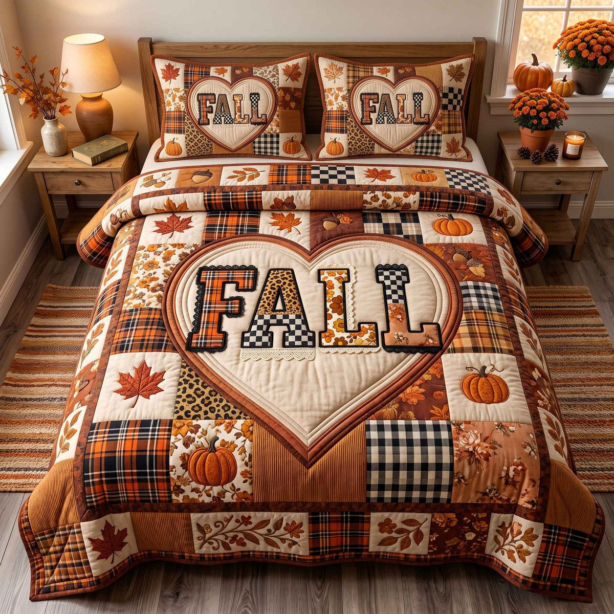Patchwork Autumn Bliss quilted 3-piece bedding set on a made bed in a farmhouse bedroom