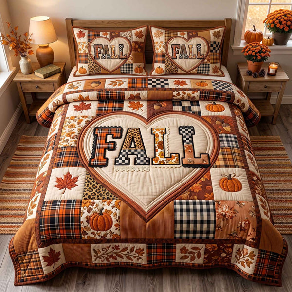 Patchwork Autumn Bliss quilted 3-piece bedding set on a made bed in a farmhouse bedroom