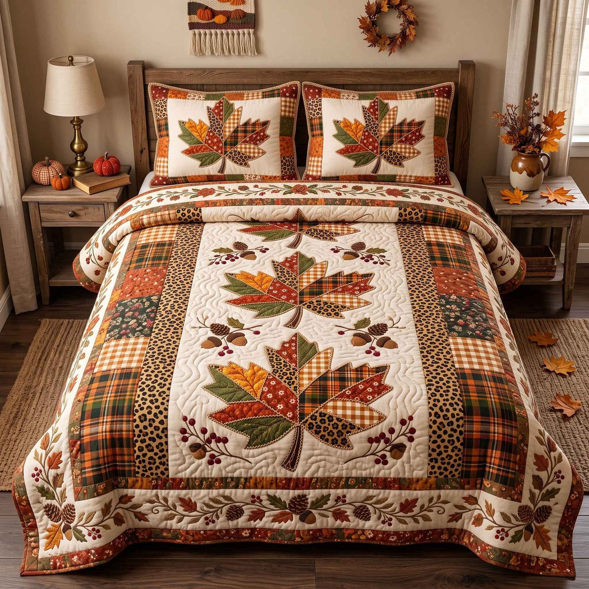 Patchwork Autumn Bliss quilted 3-piece bedding set on a made bed in a farmhouse bedroom