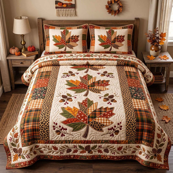 Patchwork Autumn Bliss quilted 3-piece bedding set on a made bed in a farmhouse bedroom