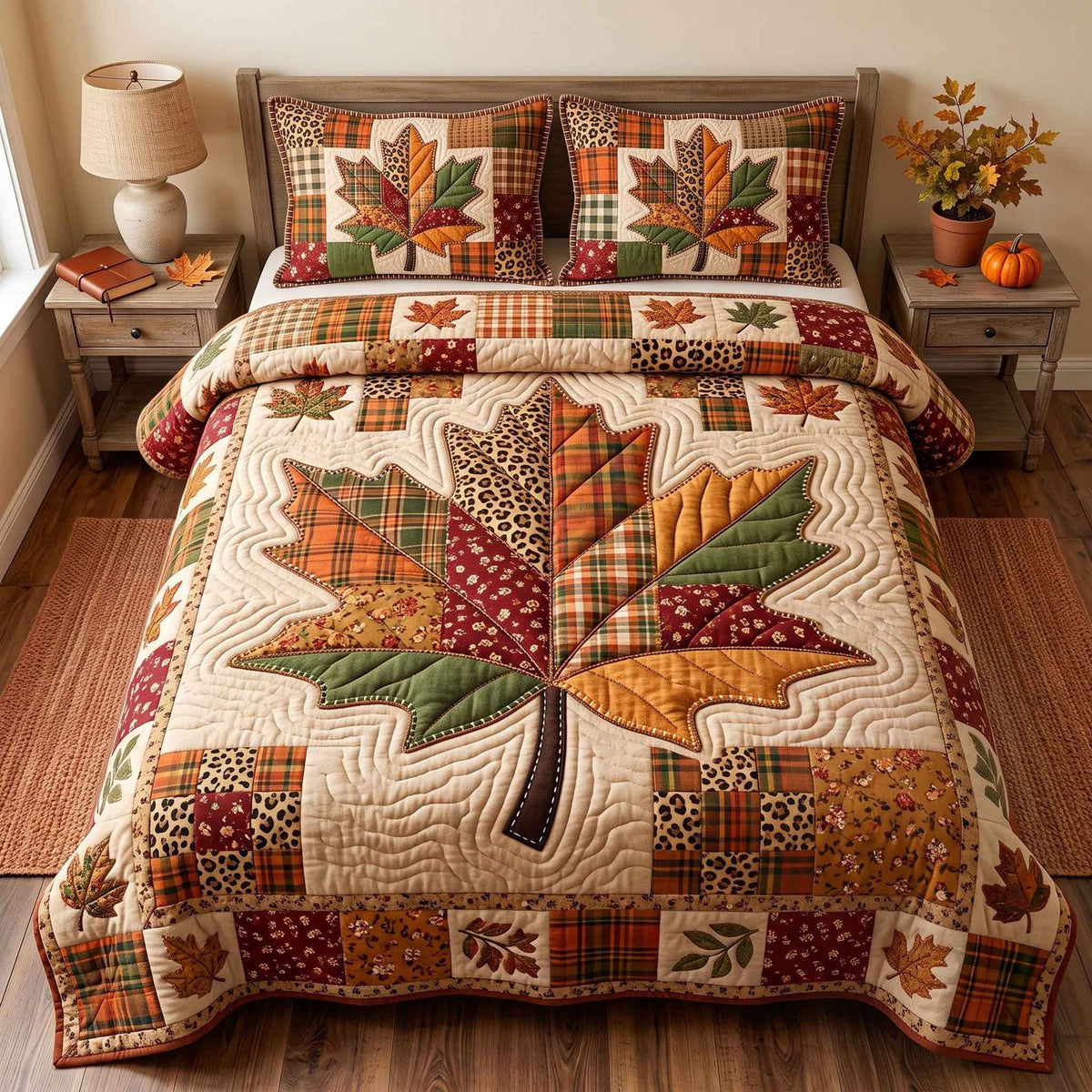 Patchwork Autumn Bliss quilted 3-piece bedding set on a made bed in a farmhouse bedroom