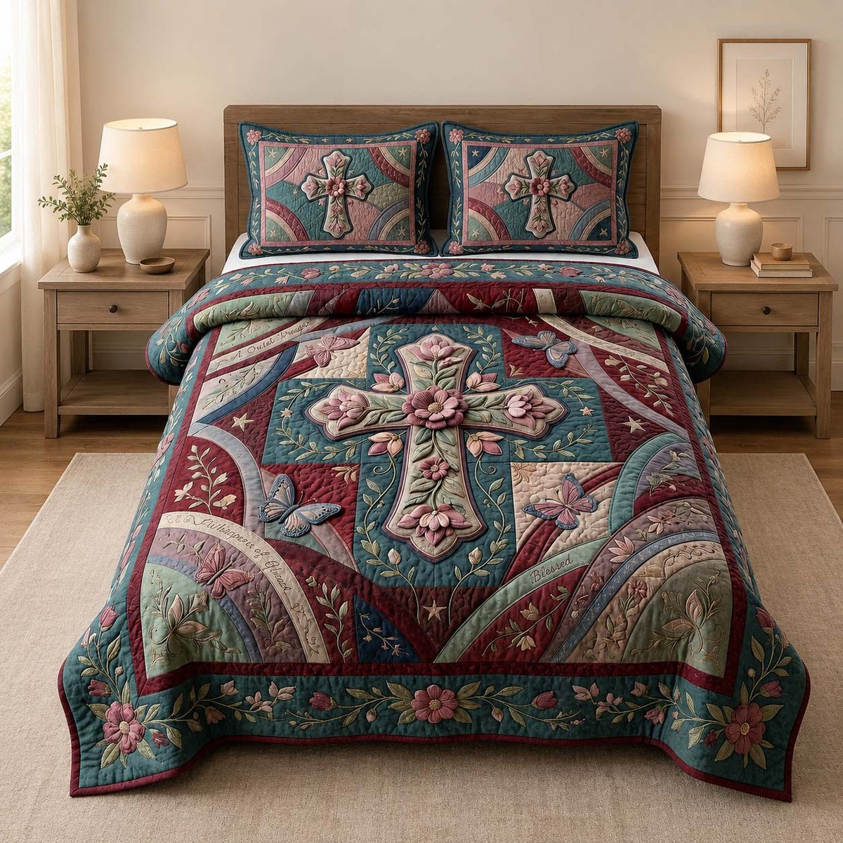 Patchwork Blessing quilted 3-piece bedding set on a made bed in a farmhouse bedroom