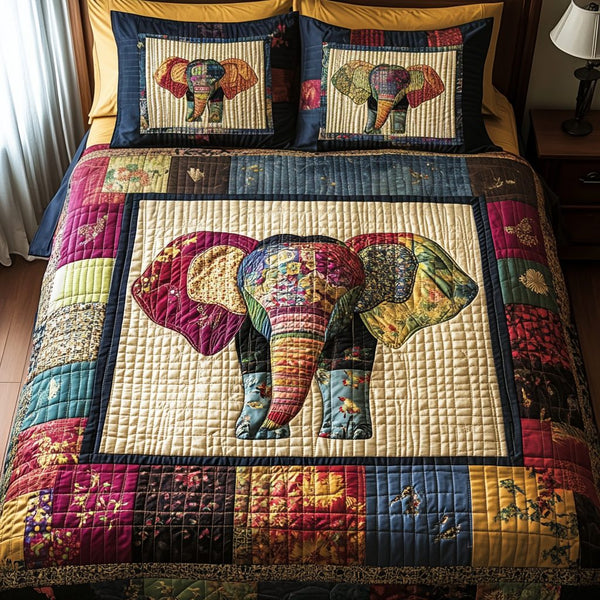 Patchwork Bliss quilted 3-piece bedding set on a made bed in a farmhouse bedroom