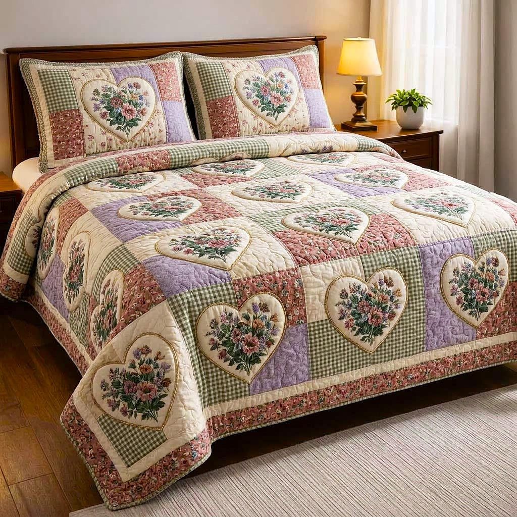 Patchwork Bloom quilted 3-piece bedding set on a made bed in a farmhouse bedroom