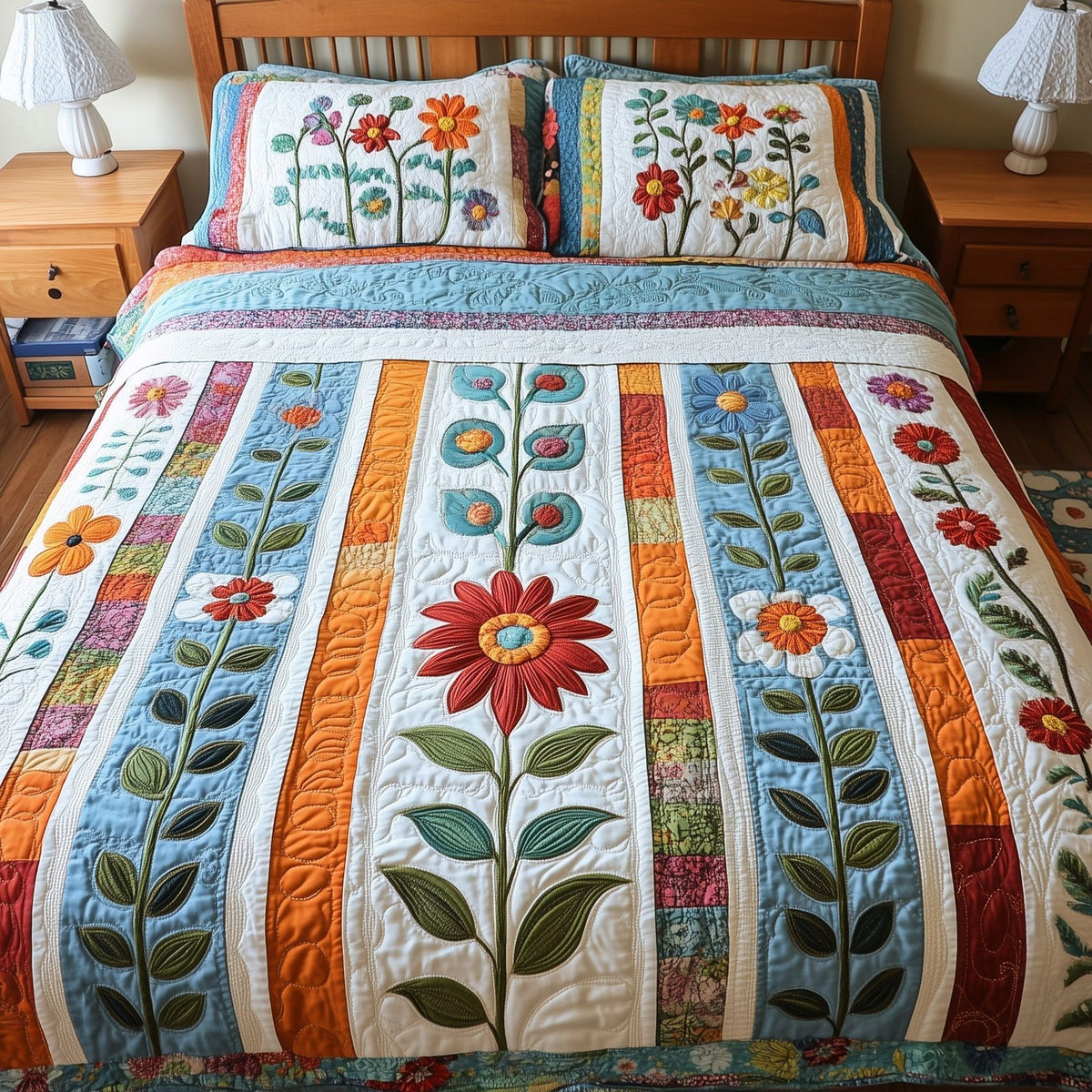 Patchwork Blooming Meadow quilted 3-piece bedding set on a made bed in a farmhouse bedroom
