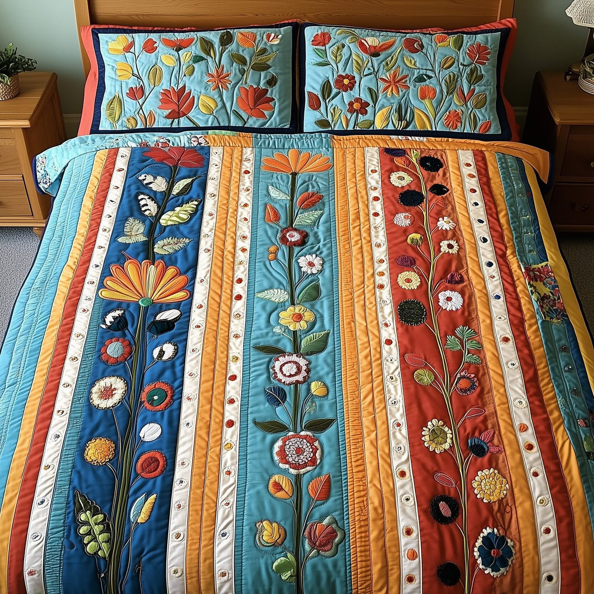 Patchwork Blooming Meadow quilted 3-piece bedding set on a made bed in a farmhouse bedroom