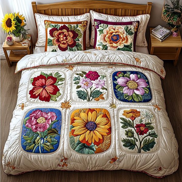 Patchwork Blooms quilted 3-piece bedding set on a made bed in a farmhouse bedroom