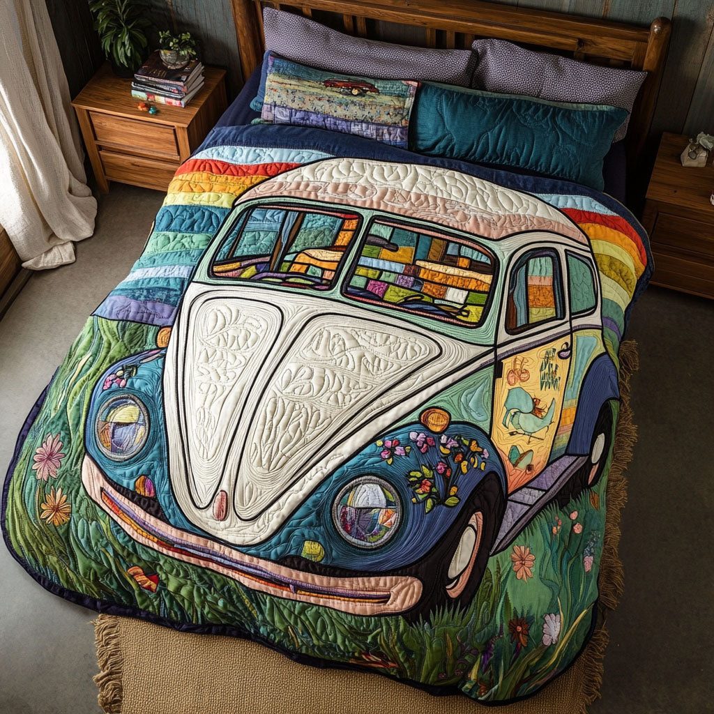 Patchwork Bug quilted 3-piece bedding set on a made bed in a farmhouse bedroom