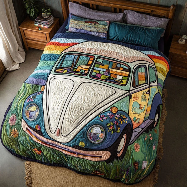 Patchwork Bug quilted 3-piece bedding set on a made bed in a farmhouse bedroom