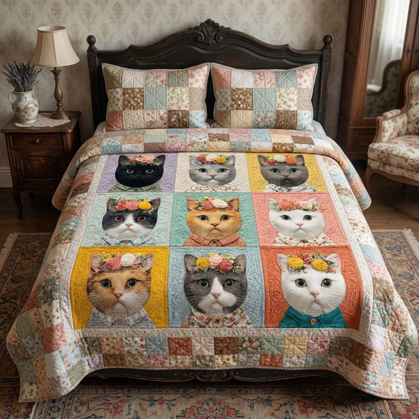 Patchwork Cat Garden quilted 3-piece bedding set on a made bed in a farmhouse bedroom