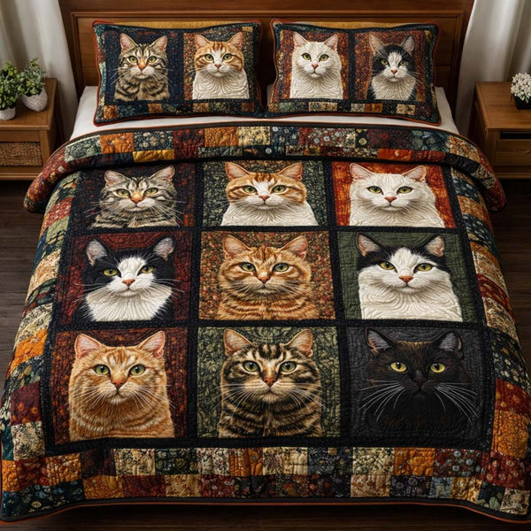 Patchwork Cats quilted 3-piece bedding set on a made bed in a farmhouse bedroom