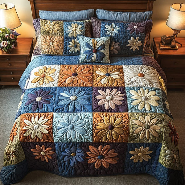 Patchwork Charm quilted 3-piece bedding set on a made bed in a farmhouse bedroom