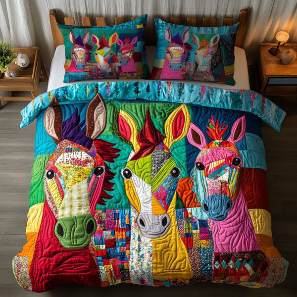 Patchwork Delight quilted 3-piece bedding set on a made bed in a farmhouse bedroom