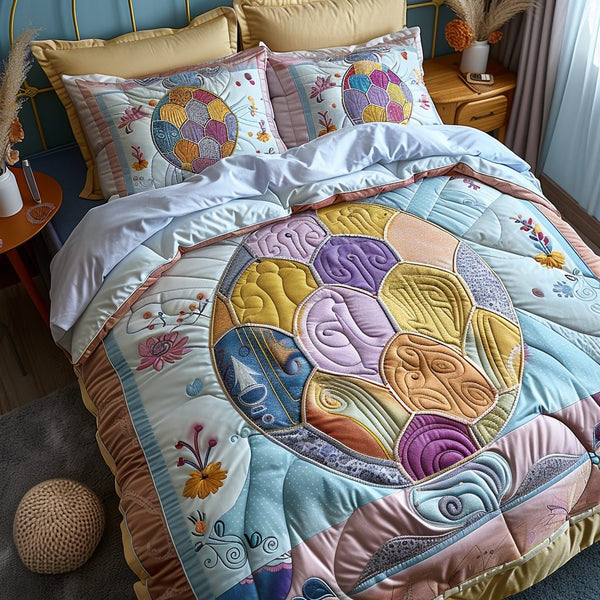 Patchwork Easter Egg quilted 3-piece bedding set on a made bed in a farmhouse bedroom