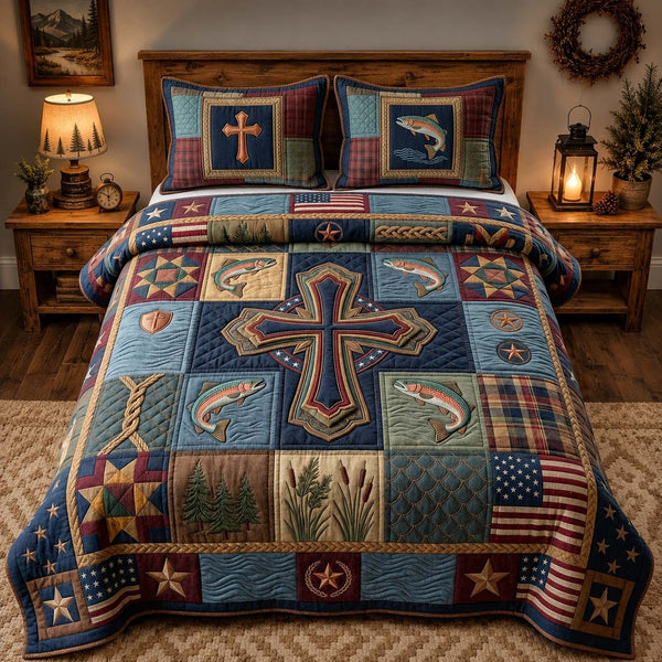 Patchwork Fisher quilted 3-piece bedding set on a made bed in a farmhouse bedroom
