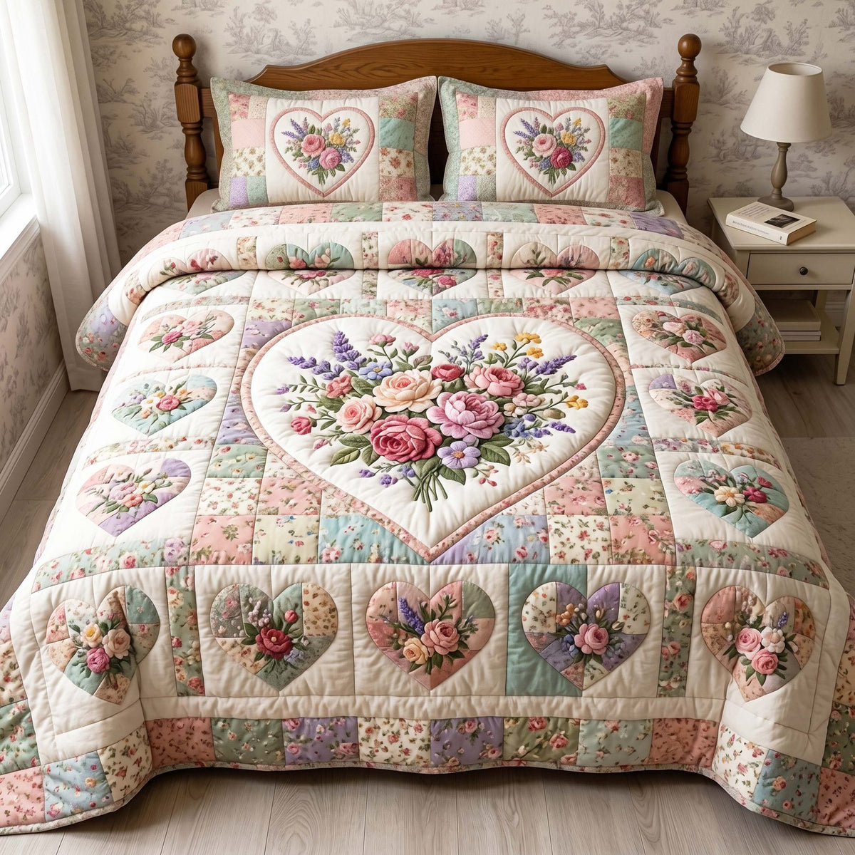 Patchwork Garden quilted 3-piece bedding set on a made bed in a farmhouse bedroom