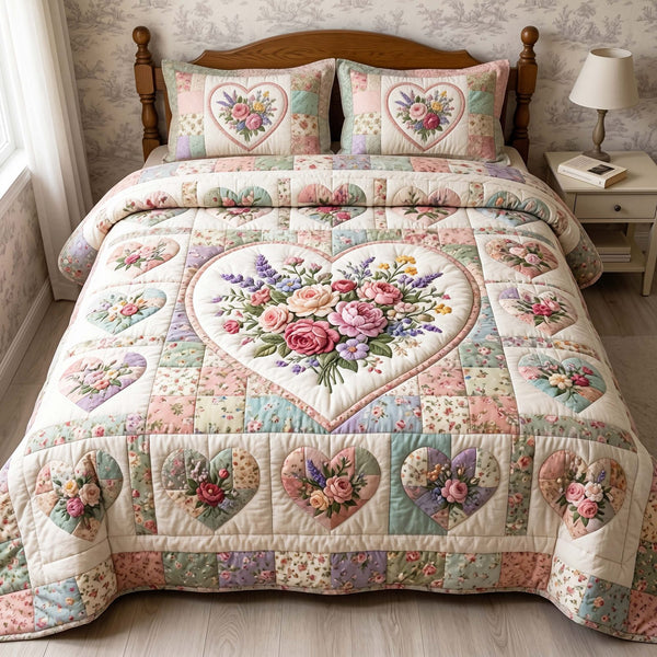 Patchwork Garden quilted 3-piece bedding set on a made bed in a farmhouse bedroom