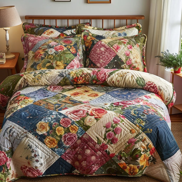 Patchwork Garden quilted 3-piece bedding set on a made bed in a farmhouse bedroom