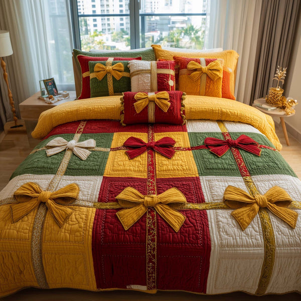 Patchwork Gifts quilted 3-piece bedding set on a made bed in a farmhouse bedroom