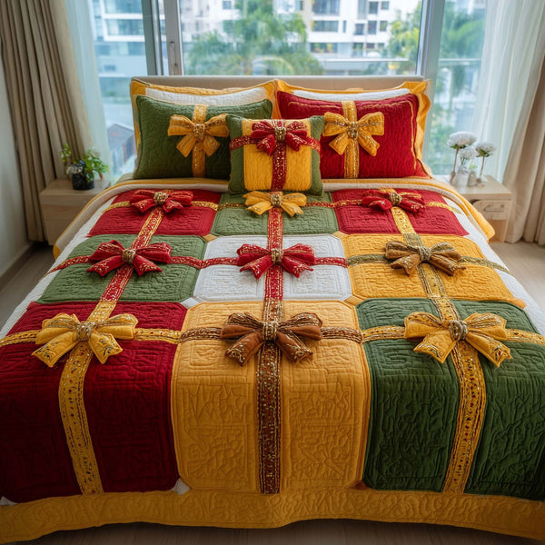 Patchwork Gifts quilted 3-piece bedding set on a made bed in a farmhouse bedroom