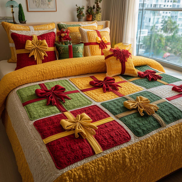 Patchwork Gifts quilted 3-piece bedding set on a made bed in a farmhouse bedroom