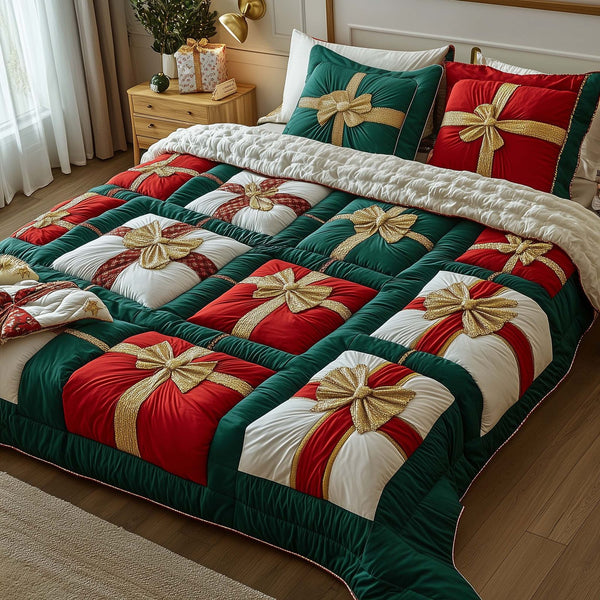 Patchwork Gifts quilted 3-piece bedding set on a made bed in a farmhouse bedroom