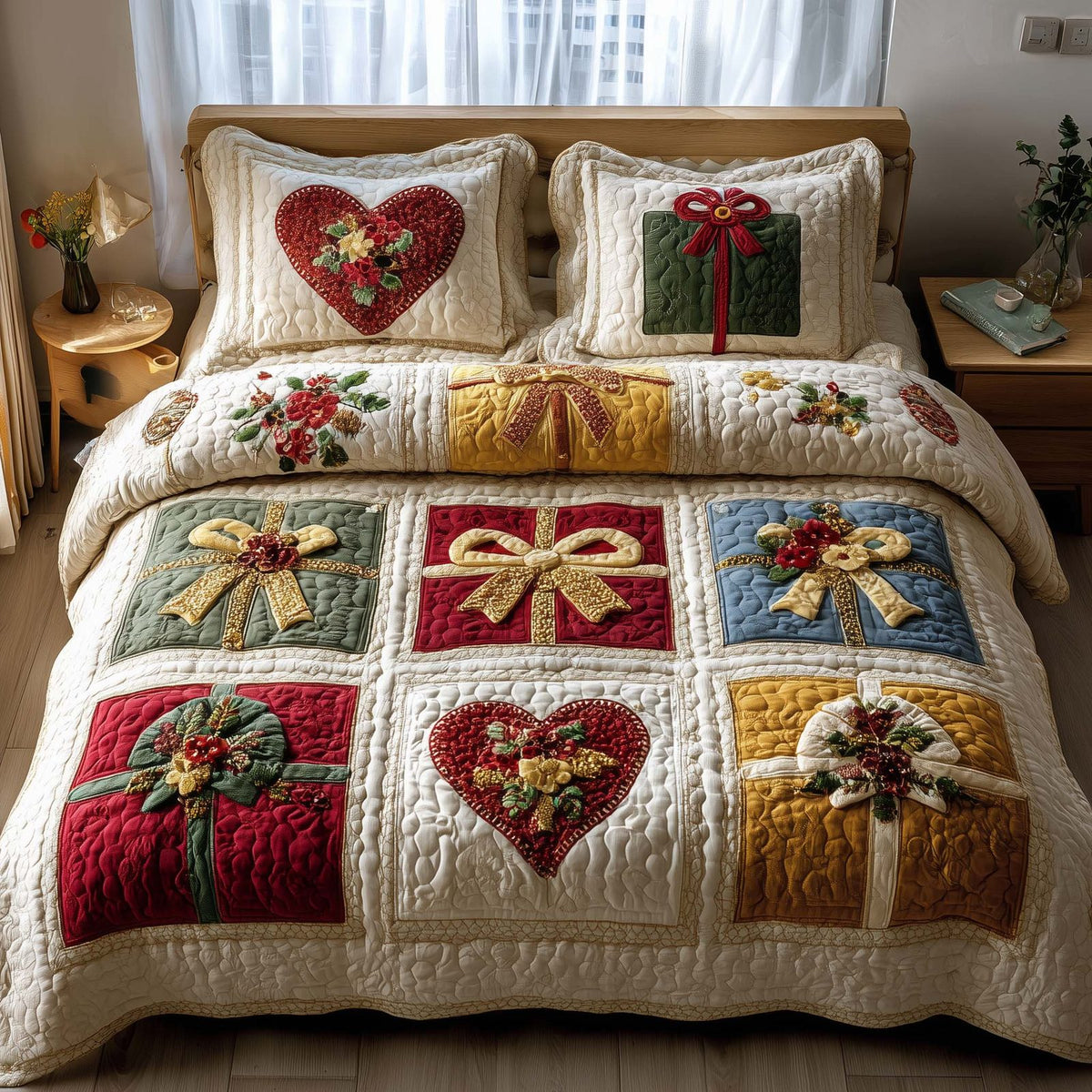 Patchwork Gifts quilted 3-piece bedding set on a made bed in a farmhouse bedroom