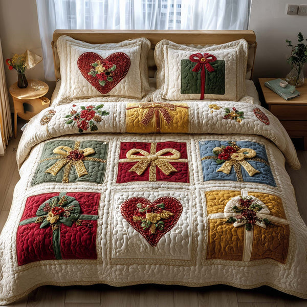 Patchwork Gifts quilted 3-piece bedding set on a made bed in a farmhouse bedroom