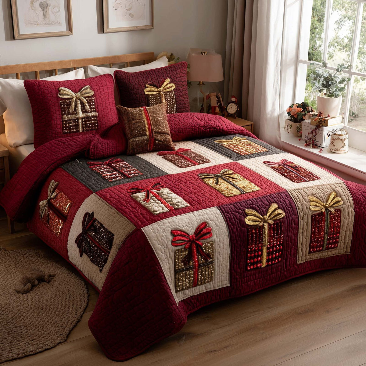 Patchwork Gifts quilted 3-piece bedding set on a made bed in a farmhouse bedroom