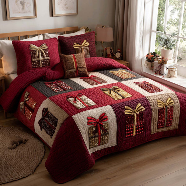 Patchwork Gifts quilted 3-piece bedding set on a made bed in a farmhouse bedroom