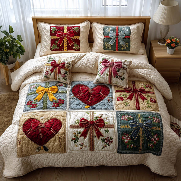 Patchwork Gifts quilted 3-piece bedding set on a made bed in a farmhouse bedroom