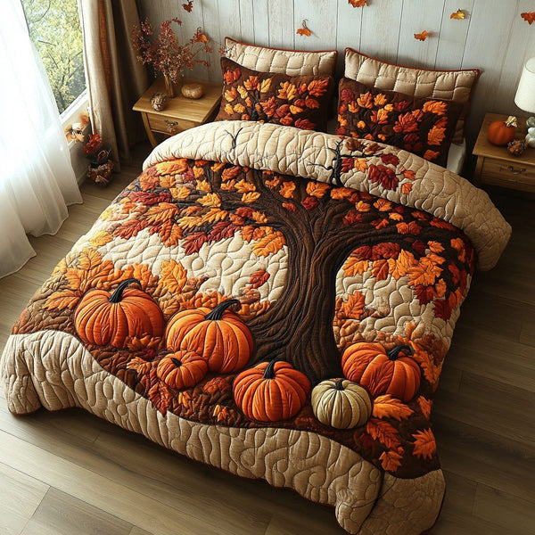 Patchwork Gourd quilted 3-piece bedding set on a made bed in a farmhouse bedroom