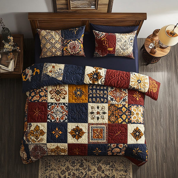 Patchwork Harmony quilted 3-piece bedding set on a made bed in a farmhouse bedroom
