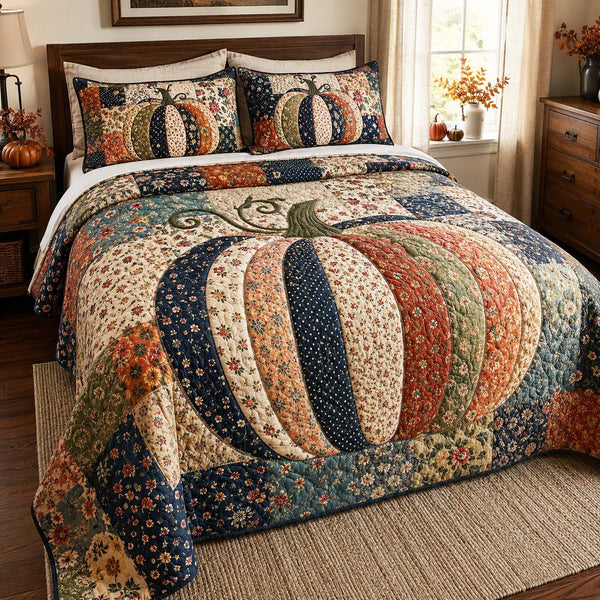 Patchwork Harvest quilted 3-piece bedding set on a made bed in a farmhouse bedroom
